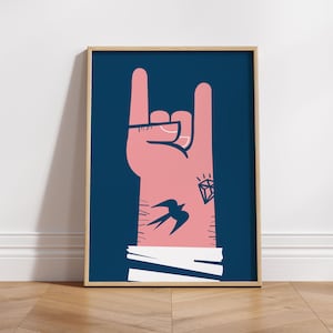 Stampa Rock On / Poster con illustrazione di tatuaggi / rock 'n' roll / Regalo artistico musicale / Decorazione murale / Divertente / Inaugurazione della casa / Mid Cent