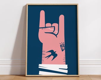 Póster Rock On Hand: Impresión artística con ilustración de tatuaje