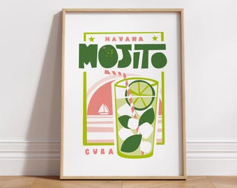 Mojito, Havana keuken posterafdruk, Cuba cocktailcadeau, wanddecoratie, eigenzinnige kunst, housewarming, hotelbar in stijl uit het midden van de eeuw