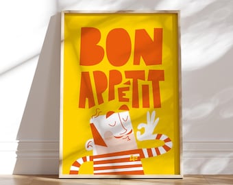 Bon Appetit Print, Kitchen Poster, Foodie Gift, Culinary Art | Poster Print, Wall Decor, French , Housewarming, Mid Century