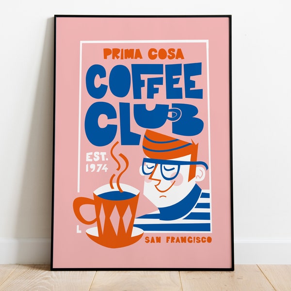 Küche Poster | Prima Cosa Kaffeeclub | San Francisco Geschenk | Foodie Zeichen | Housewarming Wand Dekor | Italienischer Vintage | Mid Century