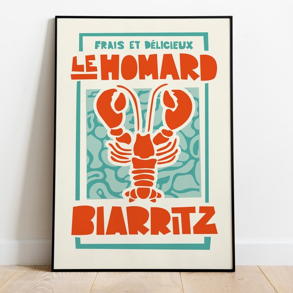 Kitchen Poster Print | French Biarritz Lobster | Le Homard | Foodie Gift | Wall Decor | Quirky Art Print | Mid Century Modern | Vintage