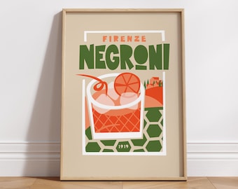 Peut inclure: Une affiche de style vintage avec une illustration verte et orange d'un cocktail Negroni. L'affiche porte le texte "FIRENZE NEGRONI 1919".