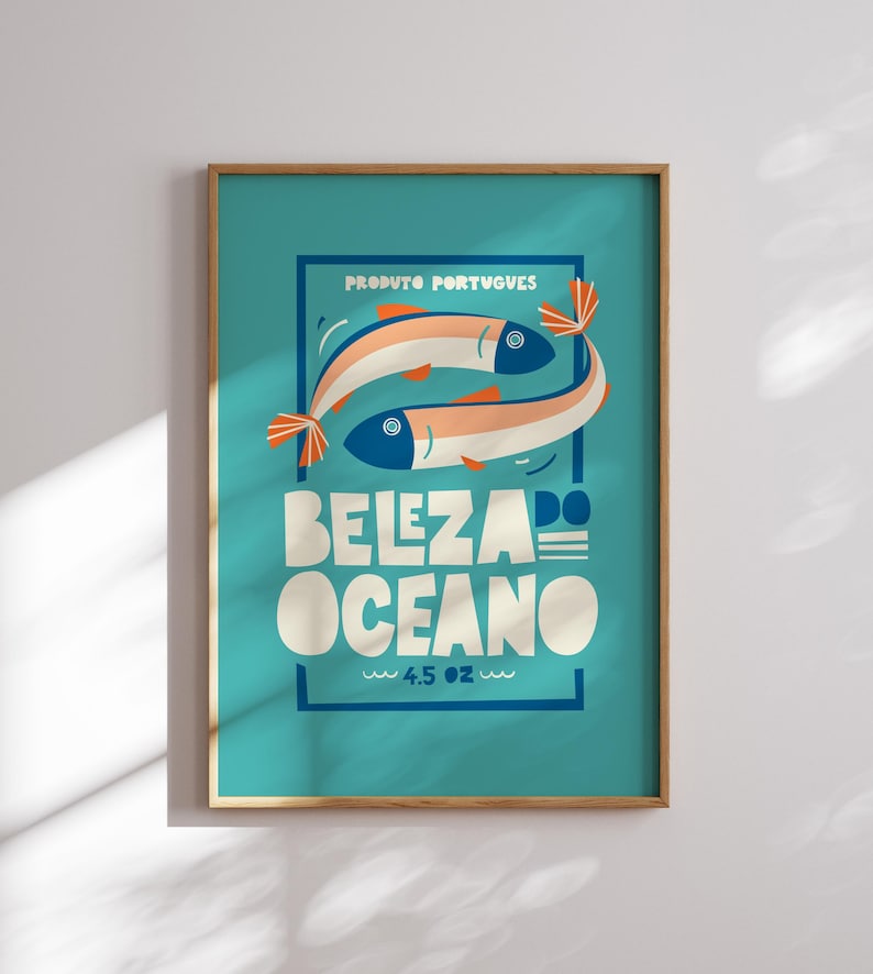 Almanac Co Prints blue poster featuring two colorful fish with the text 'Beleza do Oceano' in bold lettering, Portuguese style.
