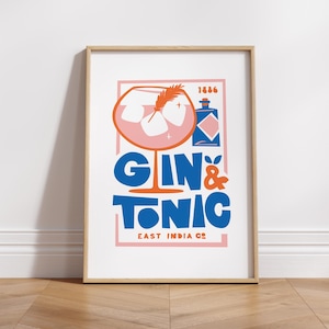 Poster de cuisine gin tonic | Cadeau cocktail pour gourmets | Décoration murale | Cadeau de pendaison de crémaillère | Style moderne du milieu du siècle | bar de l'hôtel