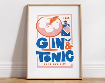 Gin-tonic keukenposterafdruk | Cocktail foodie cadeau | Wanddecoratie | Housewarmingcadeau | Moderne stijl uit het midden van de eeuw | hotelbar