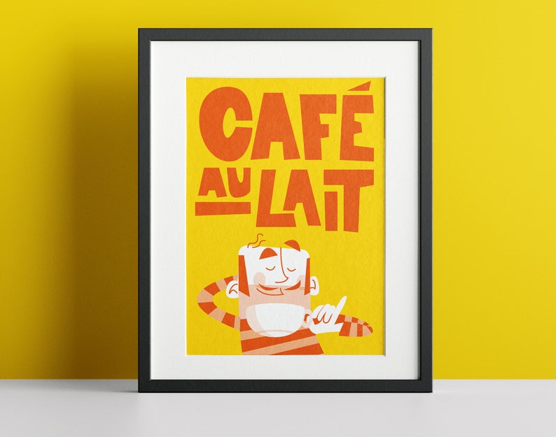 A vibrant "Café au Lait" poster from Almanac Co Prints in yellow and orange with a smiling character holding a cup of coffee, perfect for brightening up any space.