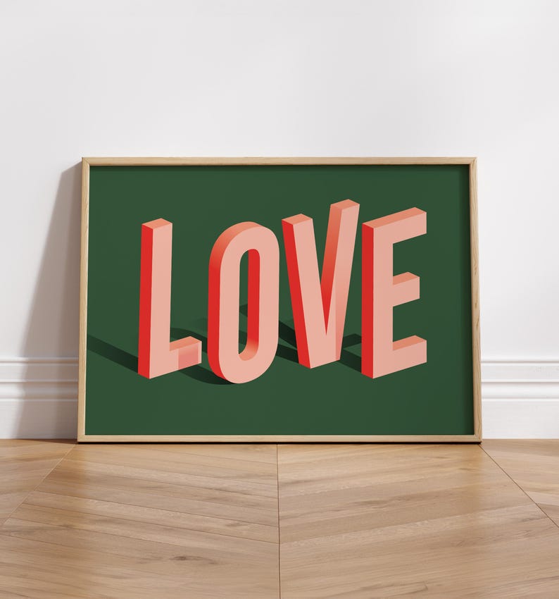 LOVE Art Print – Bold 3D Typography Poster Pink & Green