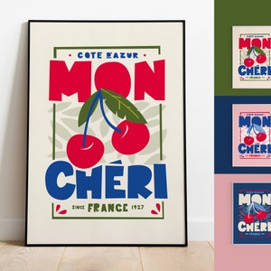 Mon Cheri Kitchen Print | French Cherry Art Poster | Wall Decor | Côte d'Azur Housewarming Gift | Mid-Century Vintage | Pink Red Blue Green