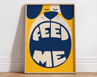Feed Me Dog Poster: Bold Yellow & Blue Typography Art