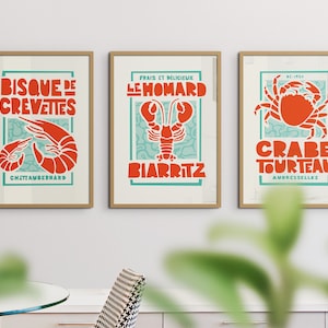 Kitchen Prints Set of 3 Prints | French shellfish seafood posters | Mid Century | Retro Lobster Crab Prawn | Vintage Style Wall Art Decor