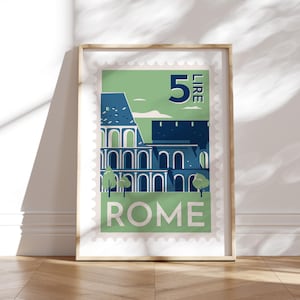 Stampa di Roma / Poster con skyline della città e francobollo del Colosseo / Arte murale / Decorazioni italiane / Regali da viaggio / Decorazioni per ufficio / Stampe in stile Mid-Century / Italia