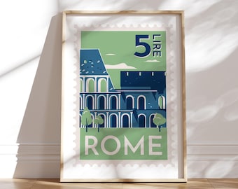 Rome Print | Colosseum Stamp City Skyline Poster | Wall Art | Italian Decor | Travel Gift | Office Decor | Mid Century style Prints | Italy