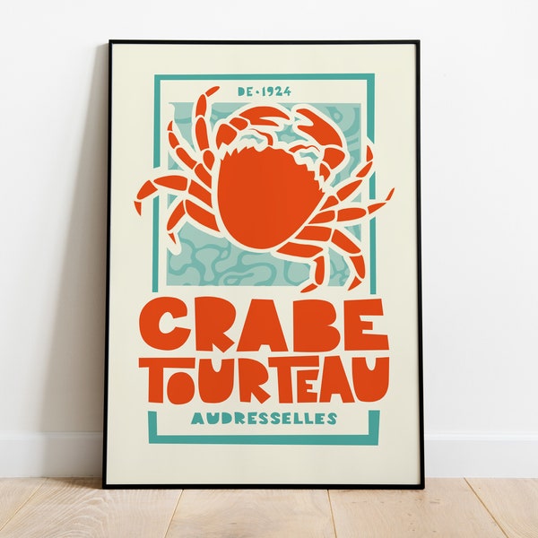 Impression d'affiche de cuisine | Crabe français | Audresselles | Tourteau de crabe | Cadeau gourmand | Décoration murale | Art original | Moderne milieu du siècle | millésime