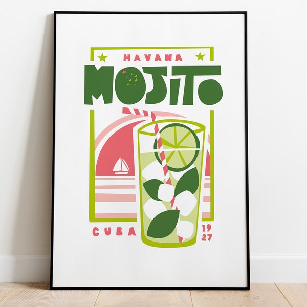 Mojito | Havana Kitchen Poster Print | Cuba Cocktail Gift | Wall Decor | Quirky Art | Housewarming | Mid-Century | Vintage | hotel bar