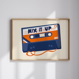 Impressão de pôster de fita cassete - Misture tudo | Fita cassete dos anos 80 | Presente para melhor amigo | Música retrô estilo moderno de meados do século | Decoração de parede moderna