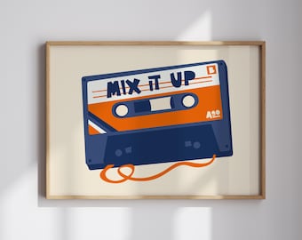 Retro Cassette Tape Art Print: 80s Music, Mid Century Modern Decor
