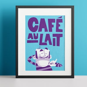 A vibrant "Café au Lait" poster from Almanac Co Prints in blue and purple with a smiling character holding a cup of coffee, perfect for brightening up any space.
