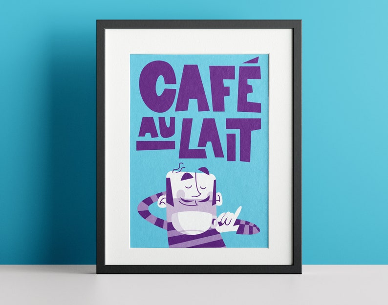 A vibrant "Café au Lait" poster from Almanac Co Prints in blue and purple with a smiling character holding a cup of coffee, perfect for brightening up any space.