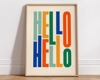 Beatles Inspired Hello Print, Colourful Typography Wall Art, Retro Pop Art Poster, Bold Kitchen Decor, Mid Century Modern Beatles Style