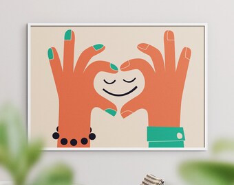 Herz Hände Poster, Paar Liebe Druck, Ausstellungsplakat, Romantischer Druck, Barwagen, Koch Kunst, Moderne Wandkunst, Geschenk Liebhaber, Herz Finger