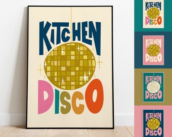 Küche Disco Print | Küche Poster | Foodie Geschenk | Regenbogen | Posterkunst | Wanddekoration | Tanz Glitzerball | Einweihungsfeier | Mid Century