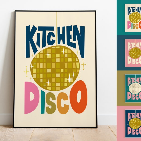 Kitchen Disco Print | Kitchen Poster | Foodie Gift | Rainbow | Poster Art | Wall Decor | Dance Glitterball | Housewarming | Mid Century