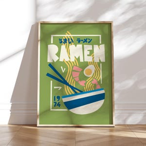 Ramen Poster - Japanische Küchen Wandkunst, Retro Food Typografie Print, lebendiges grünes Nudel Dekor, Geschenk für Essensliebhaber & modernes Zuhause. Mitte