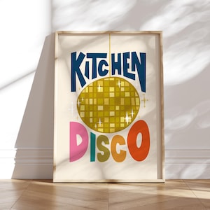 Kitchen Disco Print | Kitchen Poster | Foodie Gift | Rainbow | Poster Art | Wall Decor | Dance Glitterball | Housewarming | Mid Century