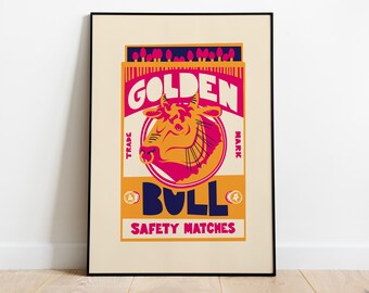 Golden Bull Matches Poster: Mid-Century Modern Quirky Art Print