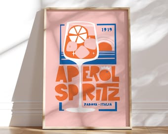 Aperol Spritz-keukenposterafdruk | Cocktail foodie cadeau | Wanddecoratie | Housewarmingcadeau | Moderne stijl uit het midden van de eeuw | hotelbar
