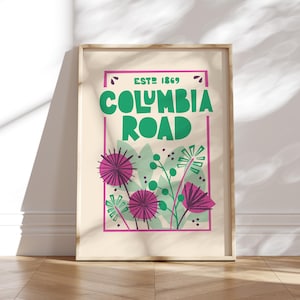 Columbia Road Flower Market Print | London Poster Print, Pink and Green, Wall Decor, Quirky Art Print, Botanical Floral Spring Picture Wall
