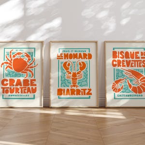 Juego de 3 impresiones para cocina / Pósteres de mariscos franceses / Mediados de siglo / Decoración de pared retro con langosta, cangrejo y langostino
