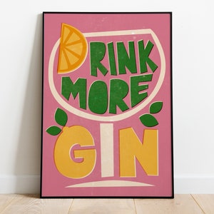 Impresión de póster de cocina / Bebe más ginebra / Arte de cócteles / Decoración de pared / Póster de cócteles / Cocina / Arte de estilo de mediados de siglo / Regalo gastronómico / G y T