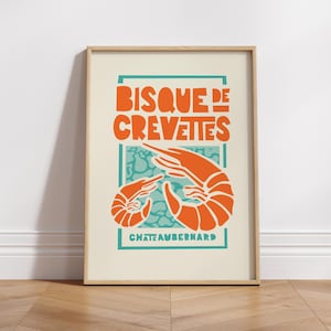 Impresión de póster de cocina / Langostinos franceses / Bisque de Crevettes / Regalo gastronómico / Decoración de pared / Arte peculiar / Arte moderno de mediados de siglo