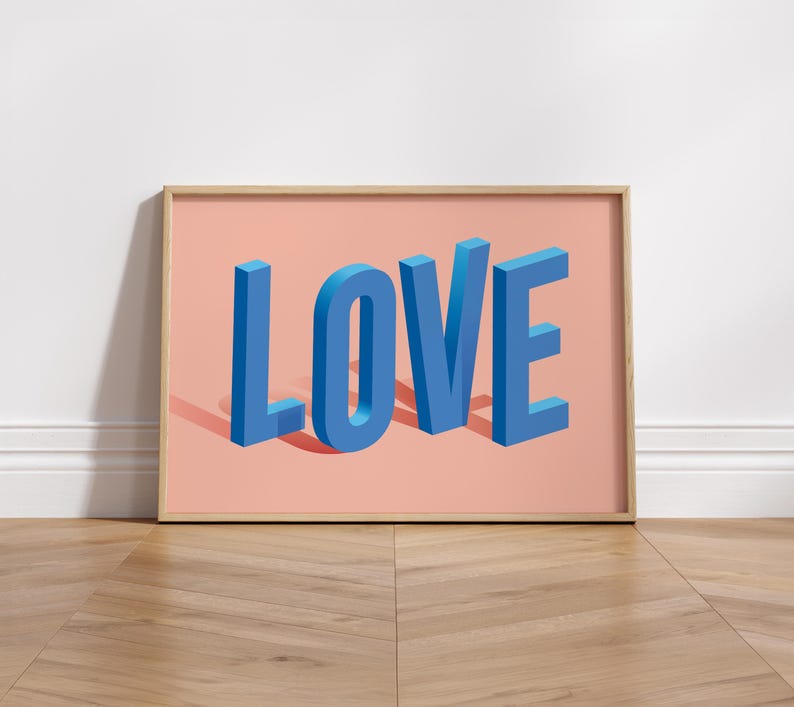 LOVE Art Print – Bold 3D Typography Poster Blue & Pink