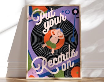 Put Your Records On Poster - Retro Music Art Print - Vinyl Lover Wall Decor - Record Player Poster - Fun Typography Art for Music Rooms