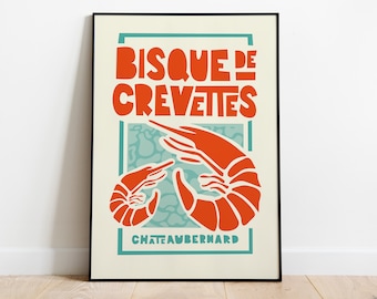 Kitchen Poster Print | French Prawns Shrimps | Bisque De Crevettes | Foodie Gift | Wall Decor | Quirky Art | Mid Century Modern | Vintage
