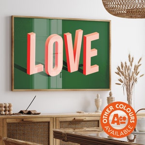 Liefdeposter | 3D-typografie | digitale afdruk | romantisch cadeau | groen en roze | grote hedendaagse kunst | Wanddecoratie | Bruiloftscadeau