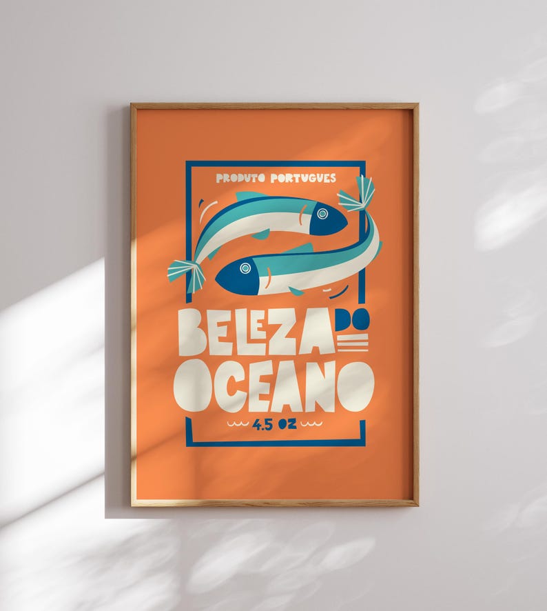 Almanac Co Prints orange poster featuring two colorful fish with the text 'Beleza do Oceano' in bold lettering, Portuguese style.