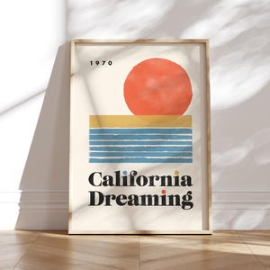 Impressão artística "Sonhando com a Califórnia" - Pôster retrô de pôr do sol - Arte de parede minimalista dos anos 1970 - Decoração costeira - Casas modernas com paisagens boho abstratas