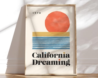 California Dreaming Art Print - Retro Sunset Poster - Minimalist 1970s Wall Art - Coastal Home Decor - Abstract Boho Landscape Modern Homes