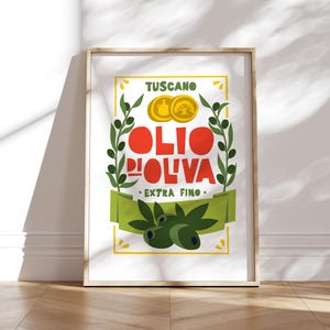 Keukenposterafdruk | Italiaanse olijfolieposter | Foodie-cadeau | Wanddecoratie | Eigenzinnige kunstafdruk | Housewarmingcadeau | Stijl uit het midden van de eeuw