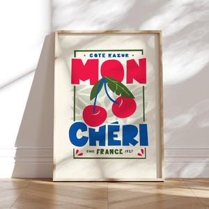 Mon Chéri Cherry Poster - Französische Küchen Wandkunst, Retro Typografie Print, Côte d'Azur Dekor, Geschenk für Feinschmecker