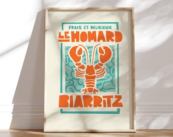 Kitchen Poster Print | French Biarritz Lobster | Le Homard | Foodie Gift | Wall Decor | Quirky Art Print | Mid Century Modern style