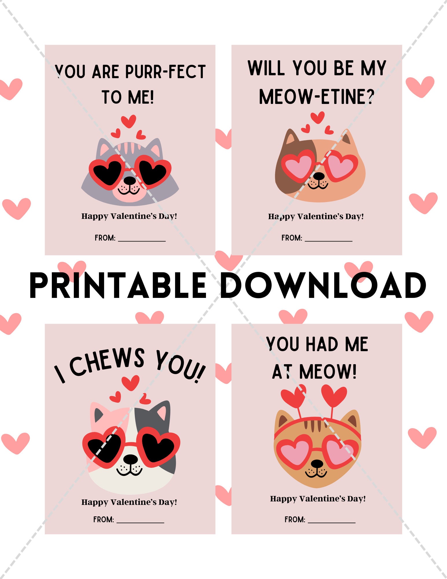 Printable Cat Valentines Cards, Kids Valentines, Instant Download Kids ...