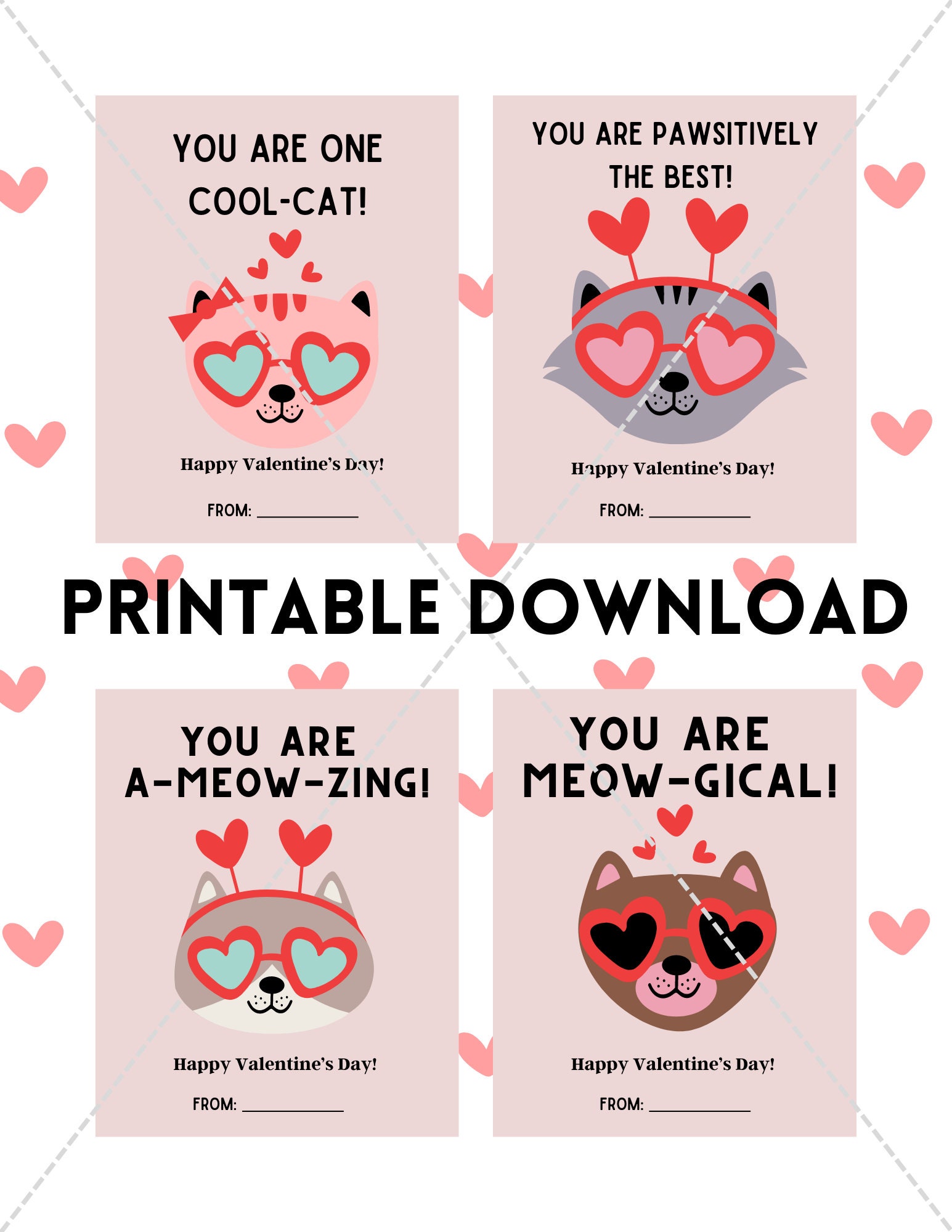 Printable Cat Valentines Cards, Kids Valentines, Instant Download Kids ...