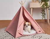 Pet Teepee With Fur Pillow, Pink House For Cats And Small Dogs Made Of Felt, Sleeping Place For Cat And Dog, Bed For Animals