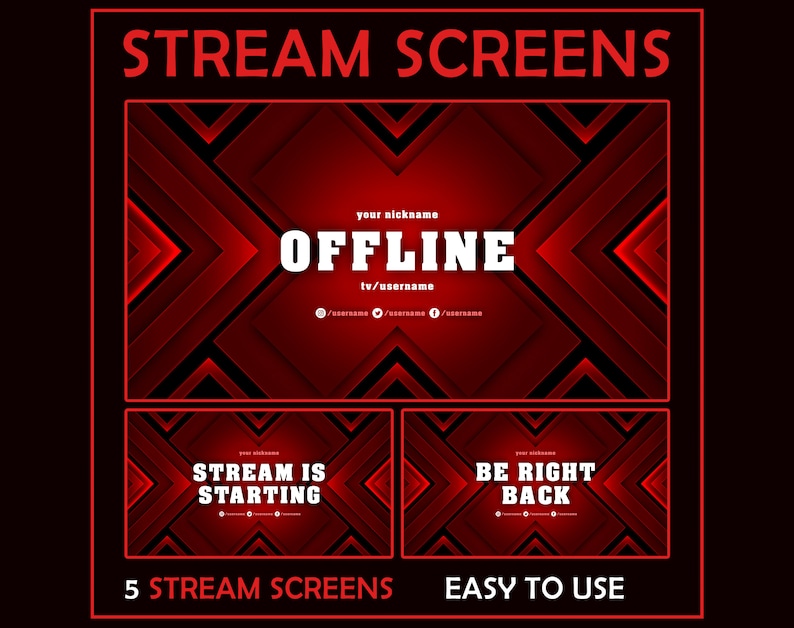 Twitch screens. Offline,Starting,Ending,Be right back,Starting soon panels 5x Modern Twitch Overlays for Stream Twitch package overlays