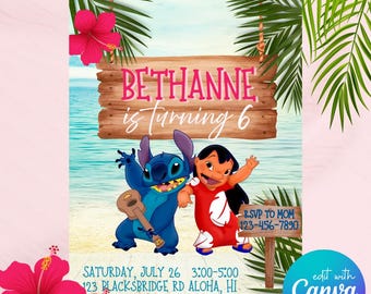 Faire-part d'anniversaire modifiable Lilo et Stitch | Modèle de toile personnalisé | Téléchargement instantané | Invitation numérique